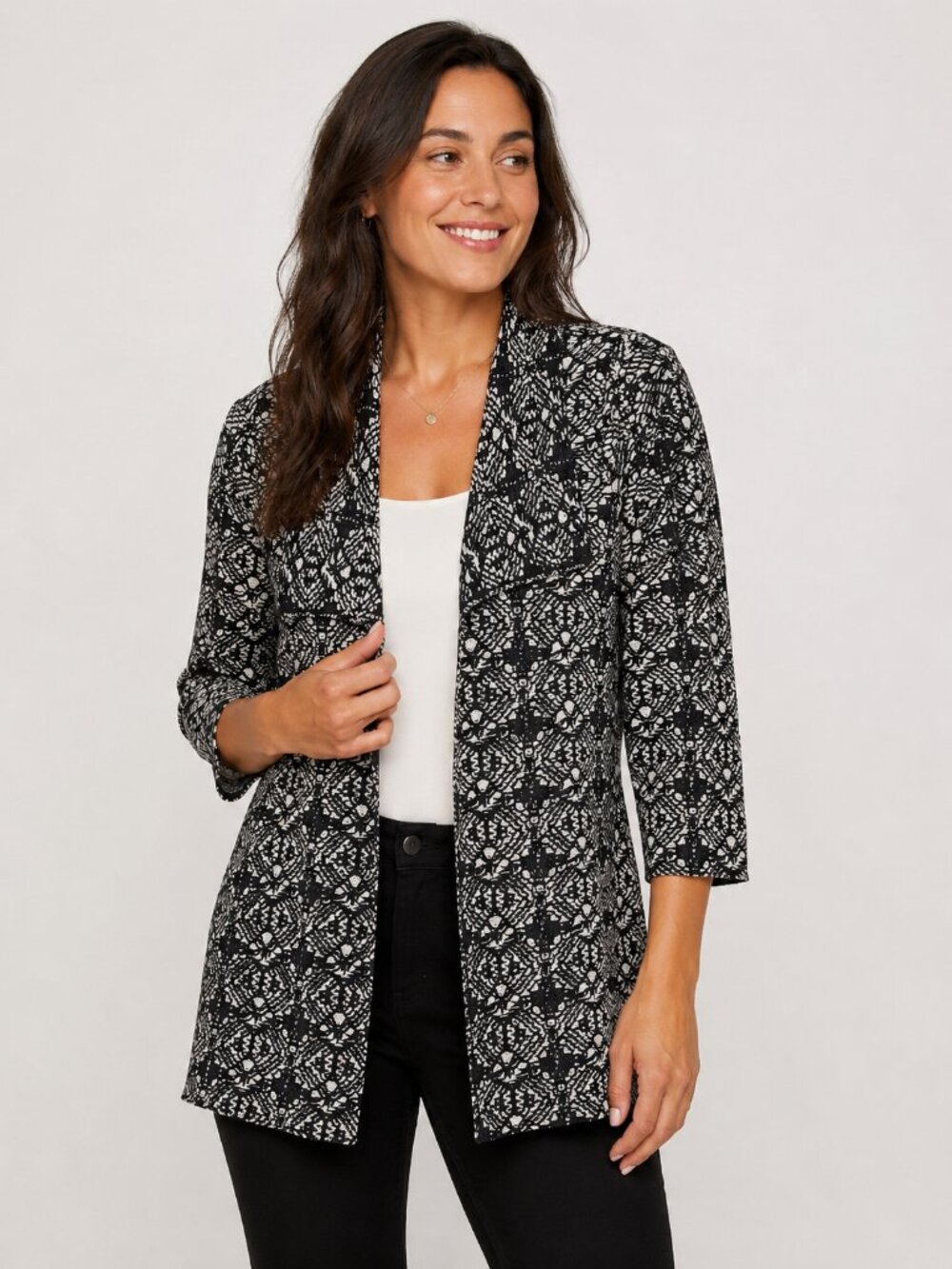 Chico’s Black White Floral Jacquard Open Front Cardigan Sweater Size 1